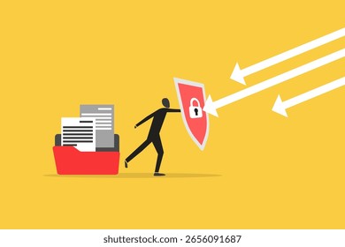 Businessman with shield save documents. concept of business data security., protect online files, technology data storage server