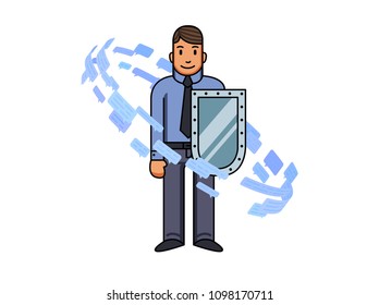 Businessman with the shield surrounded by text messages and speech bubbles. Information stream. Protection of correspondence, safe communication. Flat vector illustration. Isolated on white.