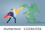 Businessman with shield and sword fights against green dragon. Man fights against strong opponent, business obstacles. Simple style vector illustration