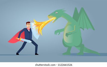 Businessman With Shield And Sword Fights Against Green Dragon. Man Fights Against Strong Opponent, Business Obstacles. Simple Style Vector Illustration