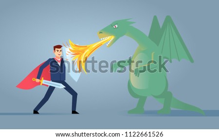 Businessman with shield and sword fights against green dragon. Man fights against strong opponent, business obstacles. Simple style vector illustration