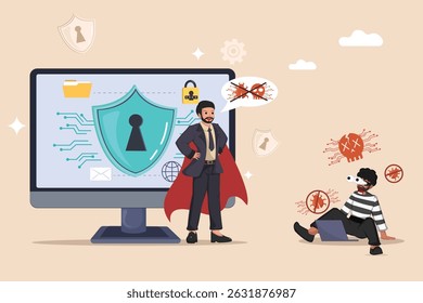 Empresário Protegendo Informações On-line e Sistemas Críticos contra Ameaças de Malware e Sofisticadas Infiltrações de Hackers.
