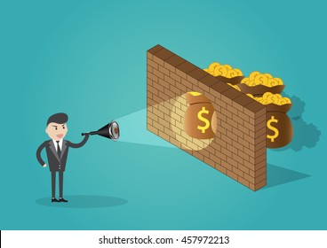 Businessman shines a flashlight on the wall to find treasure