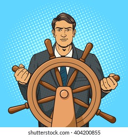 Businessman with ship steering wheel pop art vector illustration. Human illustration. Comic book style imitation. Vintage retro style. Conceptual illustration