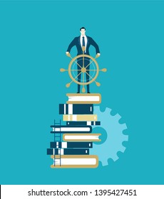 Businessman with the ship wheel stands on the pile of books. Leader, director, manager, front man idea. Business concept illustration 