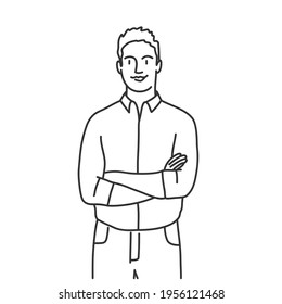 Businessman in shirt standing with arms crossed. Hand drawn vector illustration.