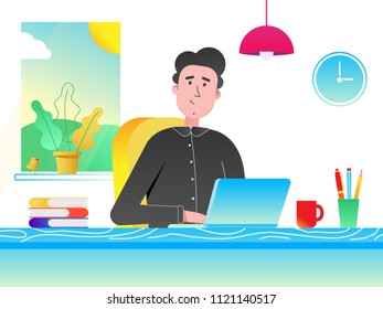 Businessman in the shirt working on a laptop at home office. Man, notebook, table, books, pen, pencil, lamp, cup of coffee, window, clock flat vibrant gradient version vector illustratration isolated.