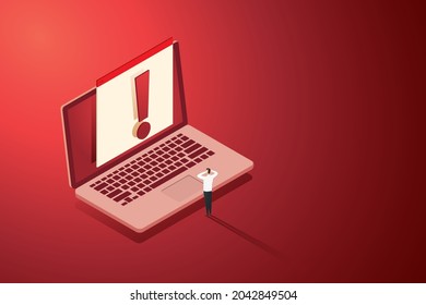 Empresario sorprendido por alertas de ataques de hackers y seguridad de la web Conexiones inseguras, estafas, virus. vector de ilustración isométrica.