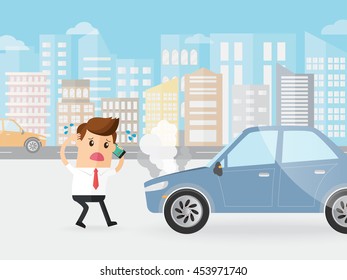 businessman shocked car broke down with smoke and calling by cell phone 