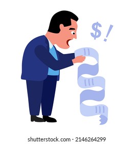 Businessman shocked with long bill in flat design on white background. Debt payment.