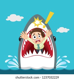 Businessman shocked with shark biting, illustration vector cartoon