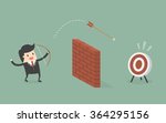 Businessman Shoot Arrow Over The Wall To The Target. Business Concept Cartoon Illustration.