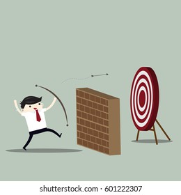 Businessman Shoot Arrow Over The Wall To The Target. Business Concept Cartoon Illustration.