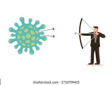 Businessman shooting arrow fighting against coronavirus. Concept of pandemic impact on the economy. Vector illustration.