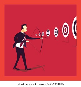 Businessman shooting a arrow gets into read and white circular goal. Business illustration
