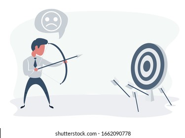 Businessman shooting arrow. Missed the target. Vector flat design illustration.