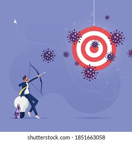 Businessman shooting arrow to target on coronavirus crisis, Concept of lost goal or business failure