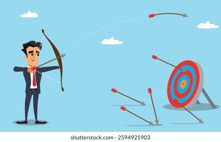 Businessman shooting arrows at an archery target but missing, Salesman missing order expectations or company missing growth target concept