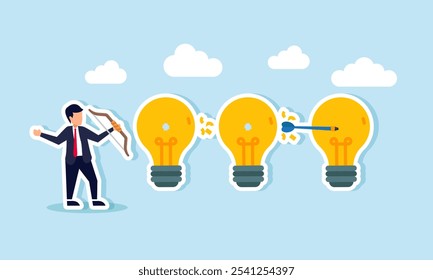 Businessman shooting arrows at a row of lights, illustration of targeting ideas and innovations relevant to business