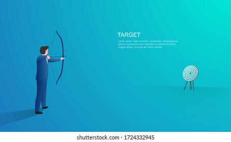 Businessman shooting a bow and arrow isolated on blue background. Man shoots or aiming at the target. Business concept vector illustration