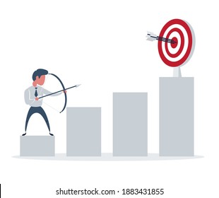 Businessman shooting a bow and arrow, it is a sign of progress a business sales is going up. Growing business concept. Stock flat vector illustration.