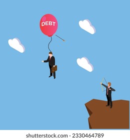 Businessman shooting the flying balloon with the word DEBT isometric 3d vector illustration concept for banner, website, illustration, landing page, flyer, etc