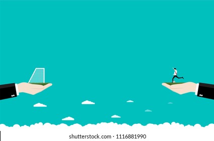 A businessman shooting football to goal success, Concept illustration vector flat