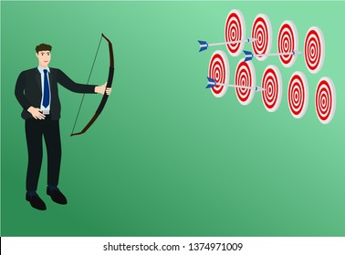 Businessman shooting three arrow to multiple target , success concept