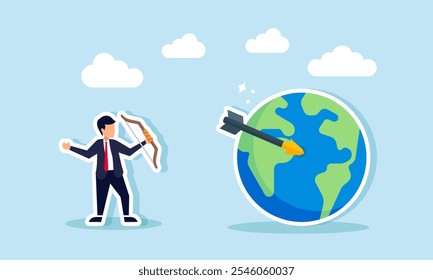 A businessman shoots an arrow at the earth with a bow, illustration of targeting to become a global-scale company and go international