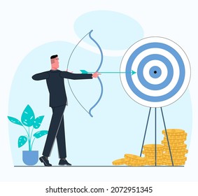 A businessman shoots an arrow at his business target with gold coins in the background flat vector illustration