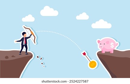 A businessman shoots an arrow at a piggy bank with a dollar coin, aiming for a cliff but missing, illustrating a miscalculation in investment.