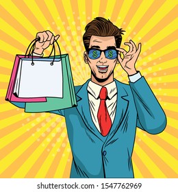 businessman with shopping bags and sunglasses pop art style vector illustration design