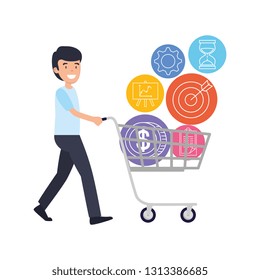 businessman with shopping cart and business icons