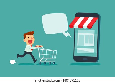 Businessman with shopping cart rush to shop at online store with dialogue bubble. Online shopping marketing business concept.