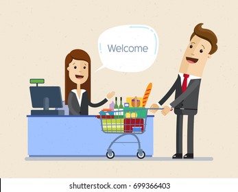 Businessman  shopping in a supermarket, he standing at checkout counter with a trolley full of goods. Woman-cashier works at the checkout counter. Vector, Illustration, Flat