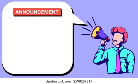 Businessman shout and holding a megaphone with text box or copy space on the side. Horn, Megaphone Speaker, Loudspeaker, Important Announcement, attention, advertisement, information, ideas, feedback