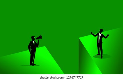 businessman shouting to another businessman with megaphone