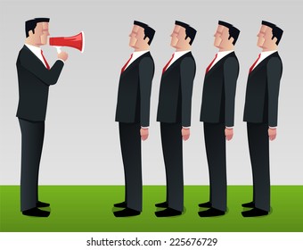 Businessman shouting to employee megaphone vector illustration.