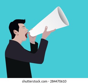 Businessman shouting of his voice through a loudspeaker megaphone paper