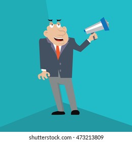 businessman shouting into a Megaphone. vector illustration of cartoon.