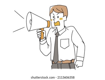 Un hombre de negocios gritando con un altavoz, una persona cómica escrita a mano, un vector y un simple coloreado de dibujos de líneas.