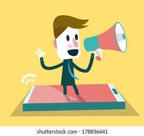 Businessman shouting with loudspeaker from smart phone. Digital marketing. business concept. vector