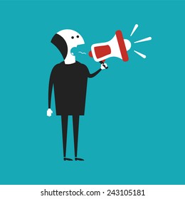 Businessman shouting in megaphone vector concept in flat cartoon style