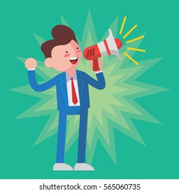 Businessman shouting in megaphone vector concept in modern flat style