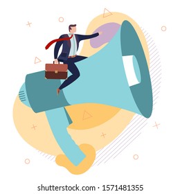 Businessman shouting on megaphone, flat style vector illustration concept	
