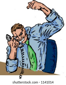 Businessman shouting on phone, arm raised in the air. This is a vector image; the line art can be separated from the colors for a clean black & white image.