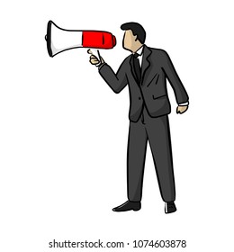 Businessman shouting over megaphone vector illustration sketch doodle hand drawn with black lines isolated on white background