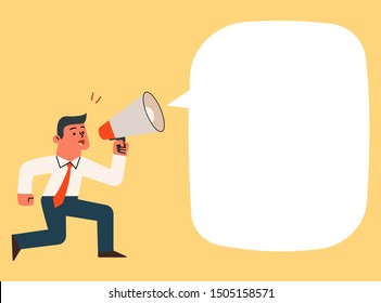 Businessman shouting and screaming with megaphone, vector cartoon illustration. 