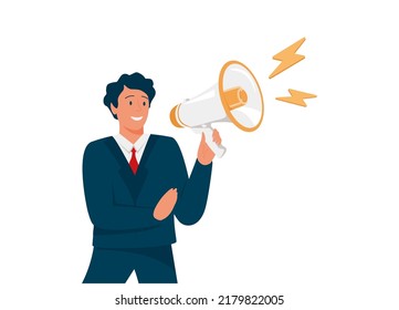 Businessman shouting, speaking out loud to get attention and announce promotion concept, confident young businessman using megaphone speaking out loud to be heard in public.