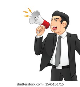 Businessman Shouting Through Megaphone, Business Strike Concept, Cartoon Vector Illustration Design, in Isolated White Background.